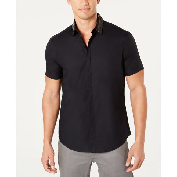 NWT Mens Size XL INC International Concepts Sequin Collar Short Sleeve Woven Top - Picture 1 of 4